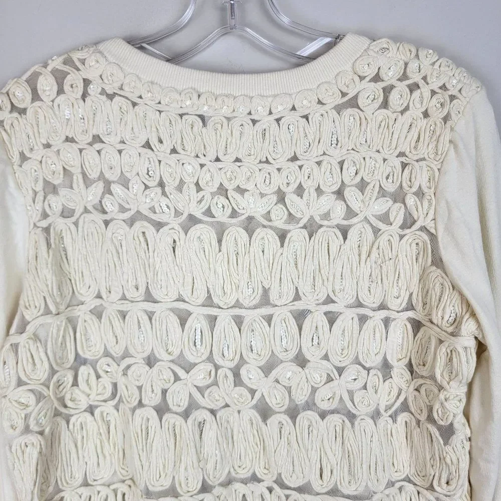 Anthropologie AKEMI + KIN Beige Cotton Mesh Embroidered Sequins Crew Neck Top S